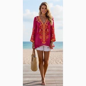 New Boston Proper Resort Embroidered Sheer Tunic Top Womens Sz XXS MSRP $129